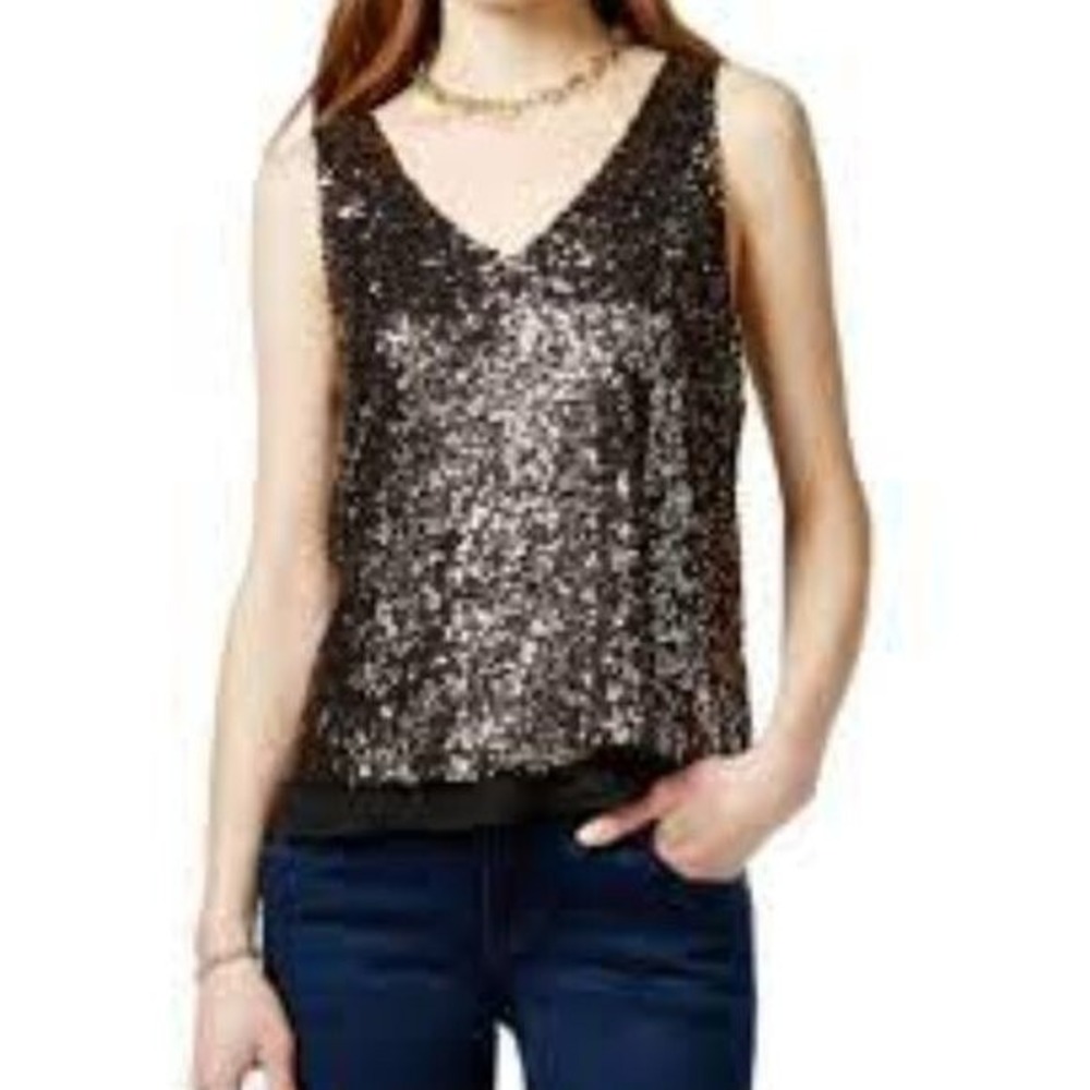 Sequin Tank Top Sleeveless V Neck Party Sparkle Shimmer Blouse